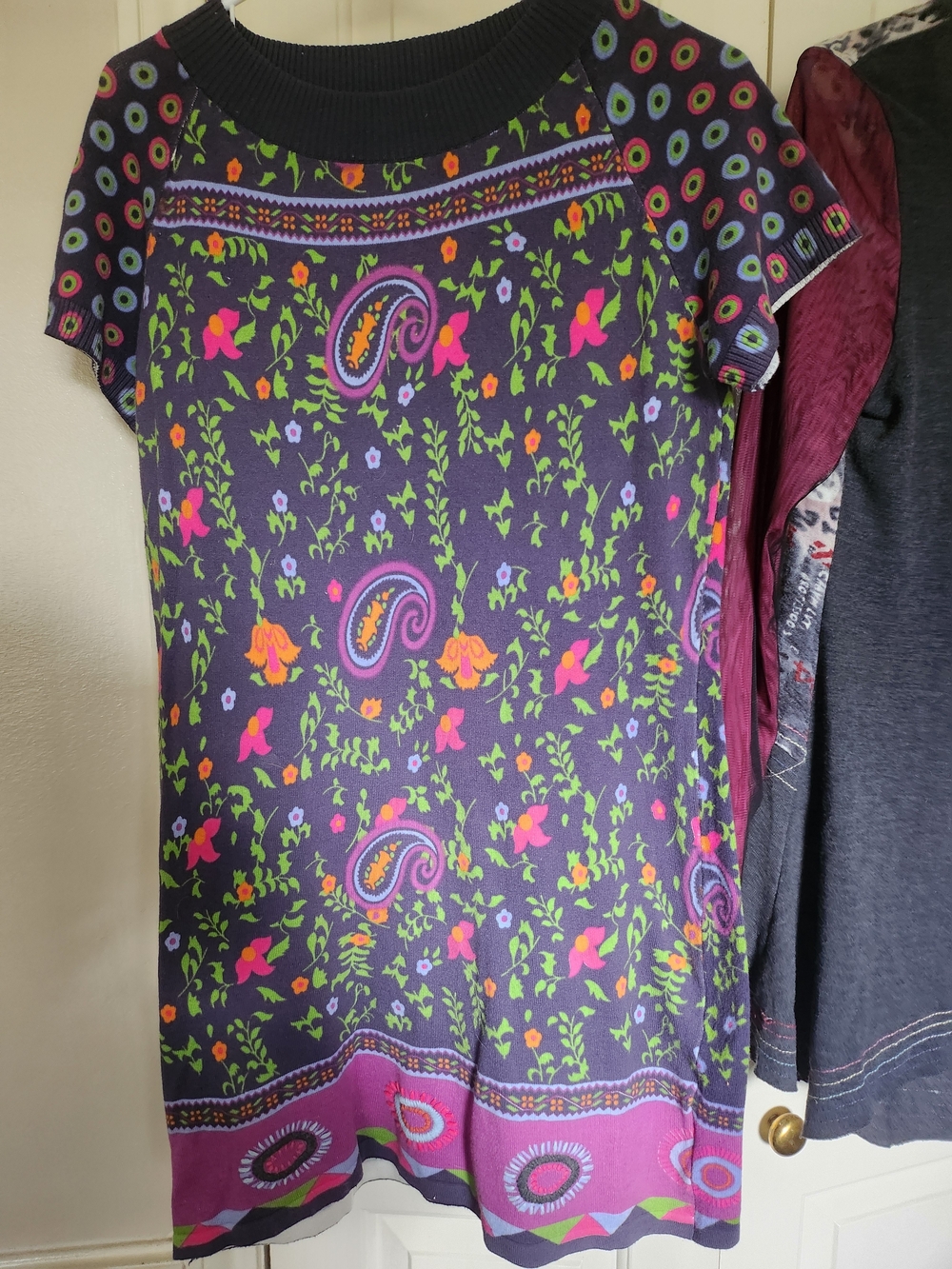 Black Paisley Floral Knit Mini Dress with Purple Accents